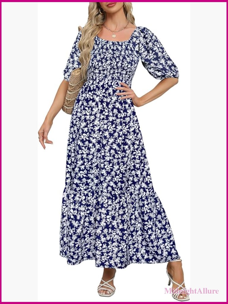 Women's Smocked Puff Sleeve Square Neck Tiered Ruffle Maxi Dress